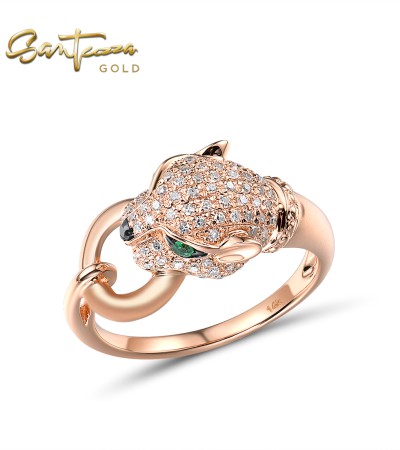 SANTUZZA 14K 585 Rose Gold Ring Leopard Ring Diamond Fine Jewelry - US 5.5