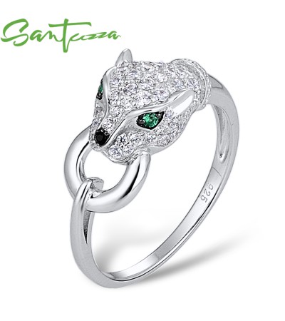 SANTUZZA 925 Sterling Silver Ring Green Spinel White Cubic Zirconia Leopard Panther Animal Trendy Jewelry - US 9.5
