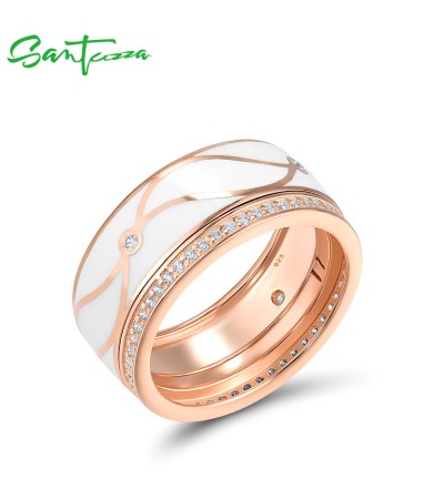 SANTUZZA 925 Sterling Silver Band Rings White CZ Handmade Enamel Fine Jewelry - US 9