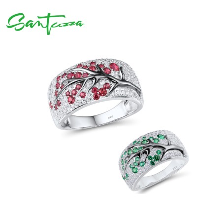 SANTUZZA Ring 925 Sterling Silver Red Green Cherry Tree Cubic Zirconia Jewelry - Green Stones/US 6