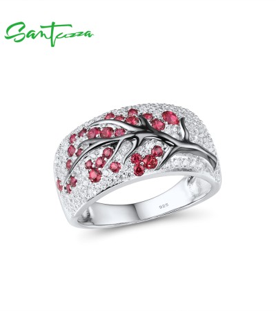 SANTUZZA Ring 925 Sterling Silver Red Green Cherry Tree Cubic Zirconia Jewelry - Pink and Red Stones/US 6.5