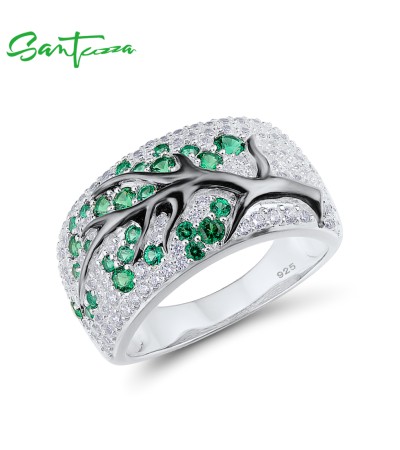 SANTUZZA Ring 925 Sterling Silver Red Green Cherry Tree Cubic Zirconia Jewelry - Green Stones/US 8