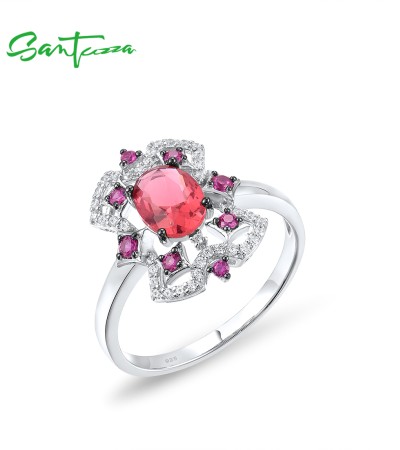 SANTUZZA 925 Sterling Silver Rings Pink Red Stone White Cubic Zirconia Solitaire Ring Fine Jewelry - US 9