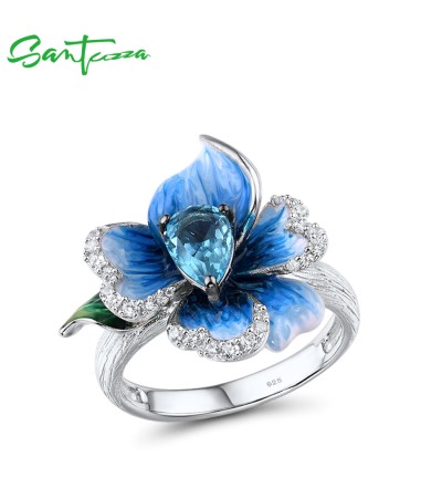 SANTUZZA Rings 925 Sterling Silver Blue Orchid flower Fine Jewelry Enamel - US 6