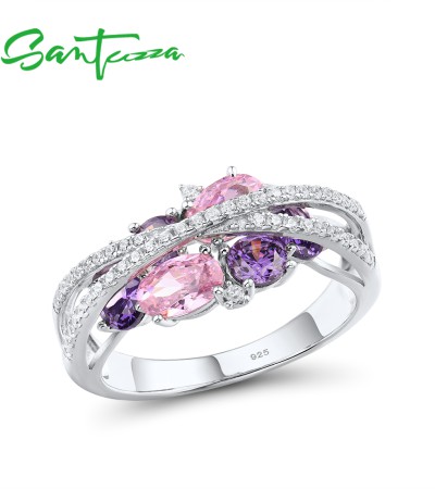 SANTUZZA Rings 925 Sterling Silver Blue Purple Pink Spinel Cubic Zirconia Jewelry - Pink and Red Stones/US 5