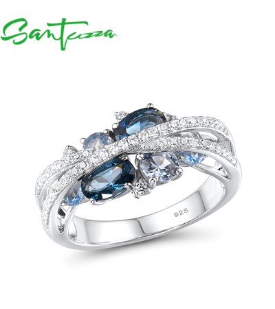 SANTUZZA Rings 925 Sterling Silver Blue Purple Pink Spinel Cubic Zirconia Jewelry - Blue Stones/US 8