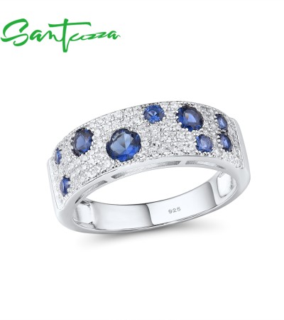 SANTUZZA 925 Sterling Silver Rings Created Ruby Green Spinel Blue Cubic Zirconia Jewelry - Blue Stones/US 7