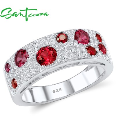 SANTUZZA 925 Sterling Silver Rings Created Ruby Green Spinel Blue Cubic Zirconia Jewelry - Pink and Red Stones/US 8