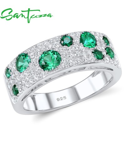 SANTUZZA 925 Sterling Silver Rings Created Ruby Green Spinel Blue Cubic Zirconia Jewelry - Green Stones/US 8