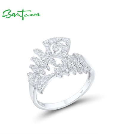 SANTUZZA 925 Sterling Silver Rings White Cubic Zirconia Fish Bone Animal Skeleton Jewelry - US 6