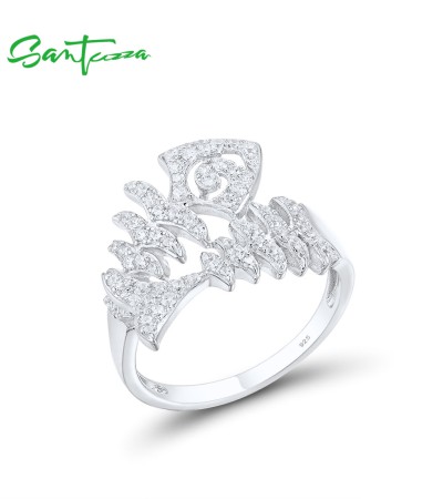 SANTUZZA 925 Sterling Silver Rings White Cubic Zirconia Fish Bone Animal Skeleton Jewelry - US 8