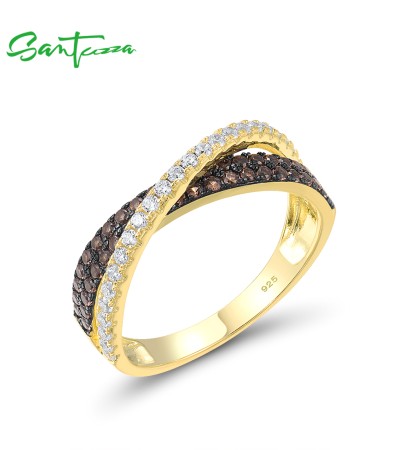 SANTUZZA Silver Ring 925 Sterling Silver Black Brown Spinel White CZ Cross Fine Jewelry - US 9/Yellow Gold Plating