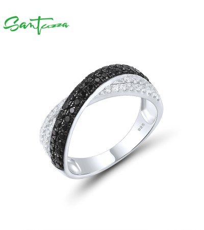 SANTUZZA 925 Sterling Silver Sparkling Black Spinel Blue White CZ Cross Ring Jewelry - US 7/Black Stones
