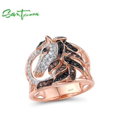 SANTUZZA 925 Sterling Silver Ring Rose Gold Color Black Brown Horse Hollow Fine Jewelry - US 7
