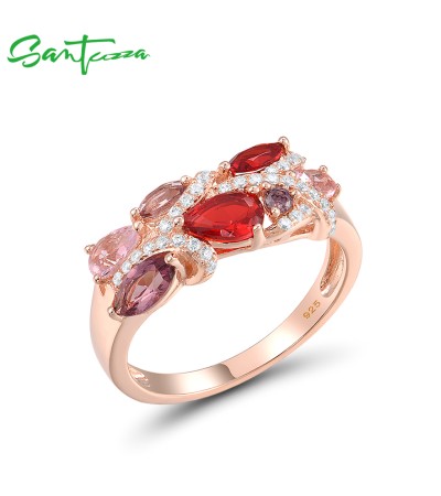 SANTUZZA Silver Rings 925 Sterling Silver Red Pink Stones White CZ Jewelry - US 7