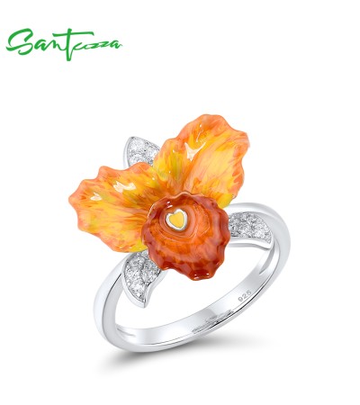 SANTUZZA 925 Sterling Silver Rings Sparkling Orange Orchid Enamel Flower Jewelry - US 9