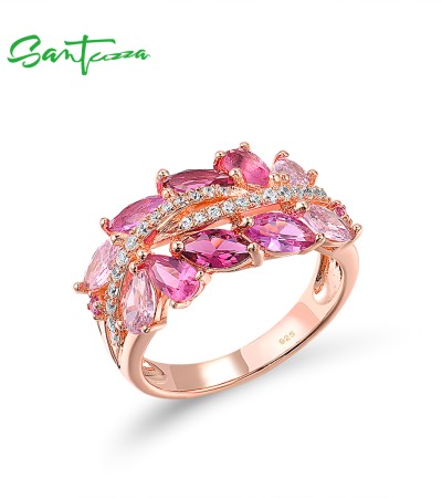 SANTUZZA Rings 925 Sterling Silver Sparkling Red Pink Stones White CZ Fine Jewelry - US 8