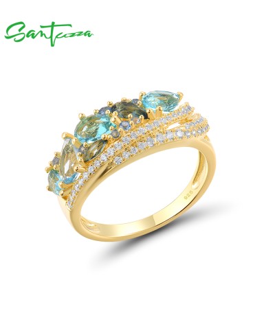 SANTUZZA Silver 925 Sterling Silver Rings Blue Stones White Cubic Zirconia Fine Jewelry - US 6