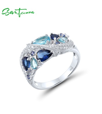 SANTUZZA Rings 925 Sterling Silver Sparkling Blue Stones White Cubic Zirconia Fine Jewelry - US 10
