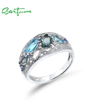 SANTUZZA Silver Rings 925 Sterling Silver Blue Stones White Cubic Zirconia Fine Jewelry - US 10