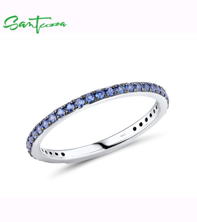 SANTUZZA 925 Sterling Silver Rings Blue Nano Cubic Zirconia Finger Stackable Fine Jewelry - US 9