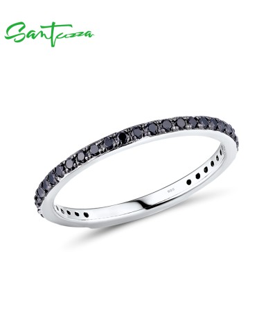 SANTUZZA 925 Sterling Silver Rings Black spinel Finger Stackable Fine Jewelry - US 8.5