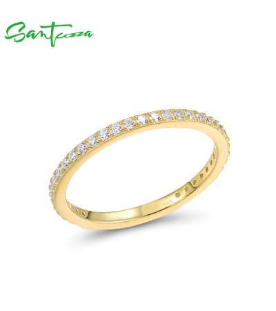 SANTUZZA 925 Sterling Silver Rings White CZ Yellow Gold Plated Finger Stackable Fine Jewelry - US 8.5