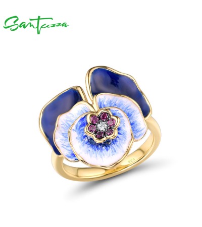 SANTUZZA Silver Ring 925 Sterling Silver Blue Blooming Flower Jewelry Handmade Enamel - US 6