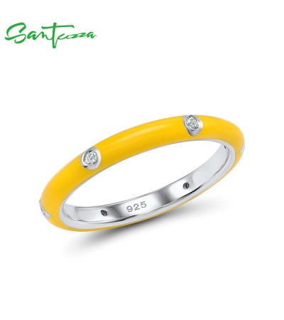 SANTUZZA  925 Sterling Silver White Cubic Zirconia Stackable Ring Jewelry Yellow Enamel - US 7