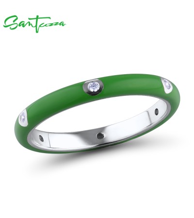 SANTUZZA 925 Sterling Silver White Cubic Zirconia Stackable Ring Jewelry Green Enamel - US 5.5