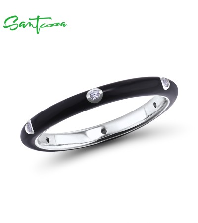 SANTUZZA 925 Sterling Silver White Cubic Zirconia Stackable Ring Jewelry Dark Black Enamel - US 7.5