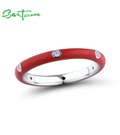 SANTUZZA 925 Sterling Silver White Cubic Zirconia Stackable Ring Jewelry Red Enamel - US 6