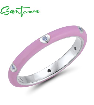 SANTUZZA  925 Sterling Silver White Cubic Zirconia Stackable Ring Jewelry Pink Enamel - US 9