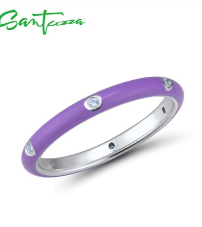 SANTUZZA  925 Sterling Silver White Cubic Zirconia Stackable Ring Jewelry Purple Enamel - US 7.5