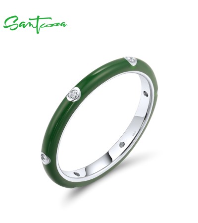 SANTUZZA 925 Sterling Silver White Cubic Zirconia Stackable Ring Jewelry Dark Green Enamel - US 8
