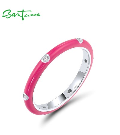 SANTUZZA 925 Sterling Silver White Cubic Zirconia Stackable Ring Jewelry Light Red Enamel - US 5