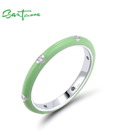SANTUZZA 925 Sterling Silver White Cubic Zirconia Stackable Ring Jewelry Light Green Enamel - US 6