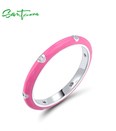 SANTUZZA 925 Sterling Silver White Cubic Zirconia Stackable Ring Jewelry Light Rose Enamel - US 8