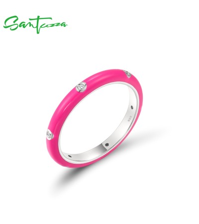 SANTUZZA 925 Sterling Silver White Cubic Zirconia Stackable Ring Jewelry  Rose Red Enamel - US 9