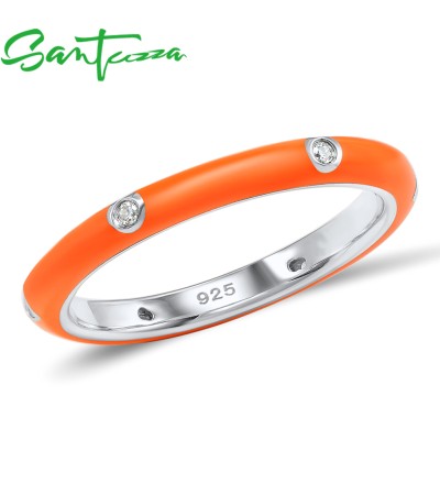 SANTUZZA  925 Sterling Silver White Cubic Zirconia Stackable Ring Jewelry Orange Enamel - US 9