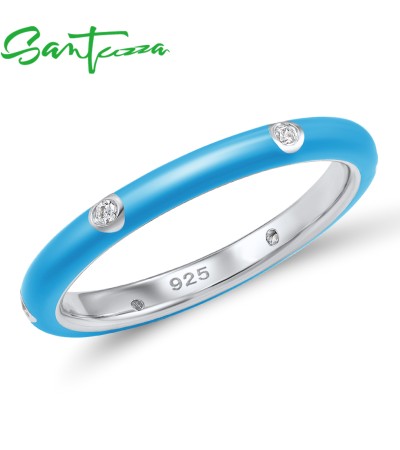 SANTUZZA 925 Sterling Silver White Cubic Zirconia Stackable Ring Jewelry Blue Enamel - US 8.5