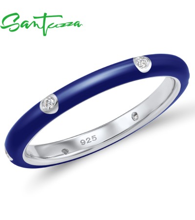 SANTUZZA 925 Sterling Silver White Cubic Zirconia Stackable Ring Jewelry Dark Blue Enamel - US 9