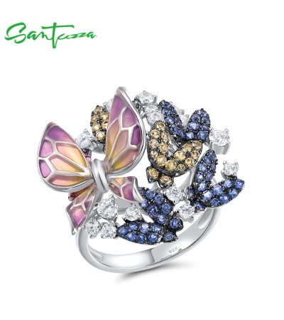 SANTUZZA 925 Sterling Silver Rings Blue Yellow White CZ Pink Enamel Butterfly Ring Jewelry Handmade - US 6