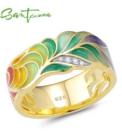SANTUZZA 925 Sterling Silver Rings Handmade Enamel Gold Color CZ Fine Jewelry - US 6