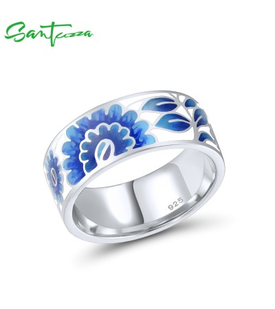 SANTUZZA Silver Rings 925 Sterling Silver Blue Enamel Flower Leaf Rings Jewelry - US 9