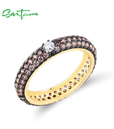 SANTUZZA 925 Sterling Silver Rings Multi-color Gems Stackable Colorful Jewelry - Yellow Gold Plating/US 5/White Stones