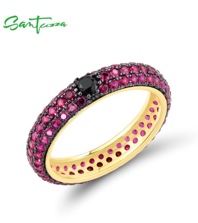 SANTUZZA 925 Sterling Silver Rings Multi-color Gems Stackable Colorful Jewelry - US 6/Yellow Gold Plating/Ruby