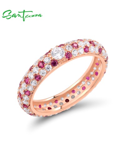SANTUZZA 925 Sterling Silver Rings Multi-color Gems Stackable Colorful Jewelry - Rose Gold Plating/US 8/Ruby