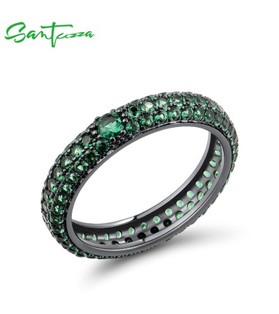 SANTUZZA 925 Sterling Silver Rings Multi-color Gems Stackable Colorful Jewelry - US 6/Black Plating/Green Stones