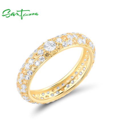 SANTUZZA 925 Sterling Silver Rings Yellow Nano Crystal Stackable Fine Jewelry - US 7